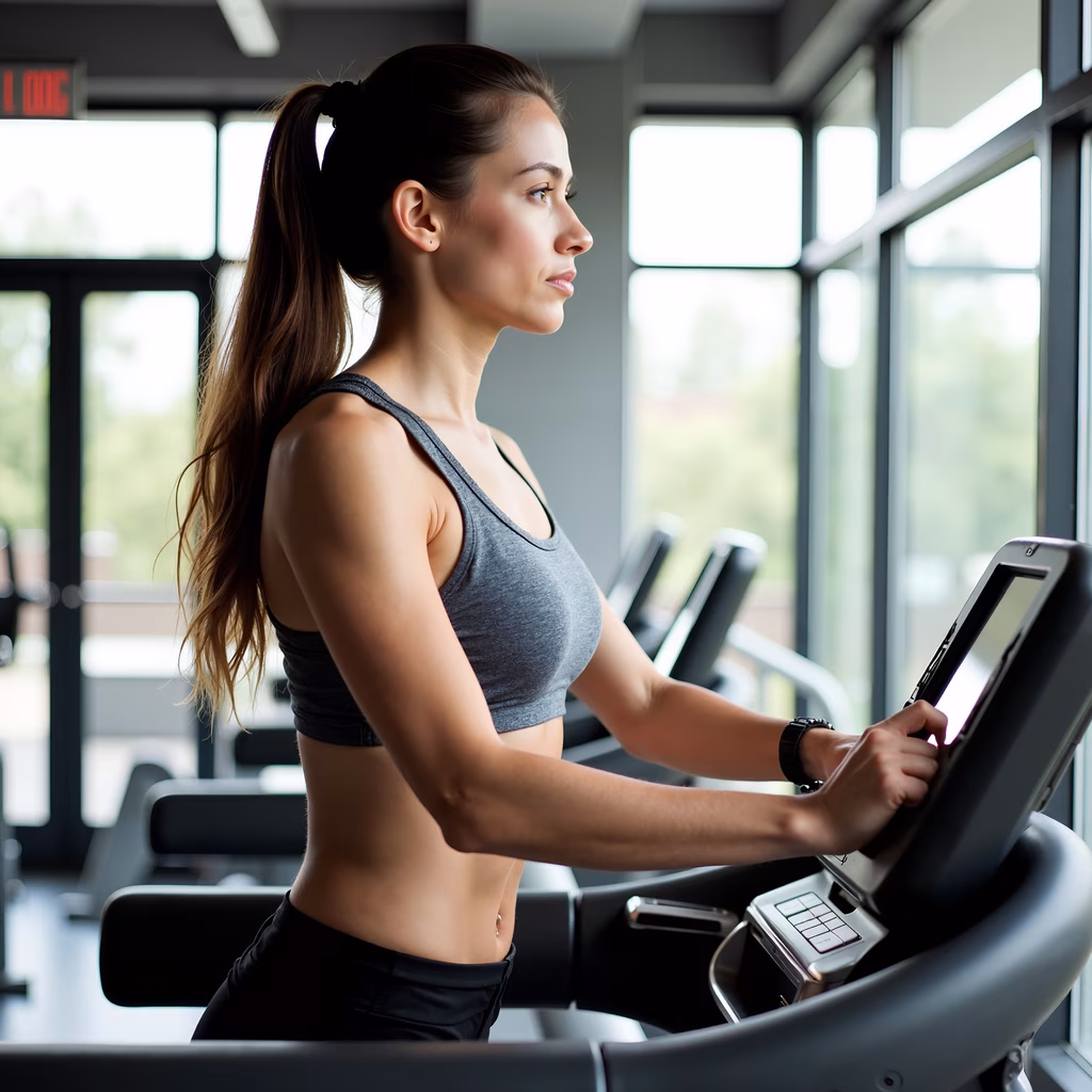 Focused fitness enthusiast on a treadmill in a well-lit gym.