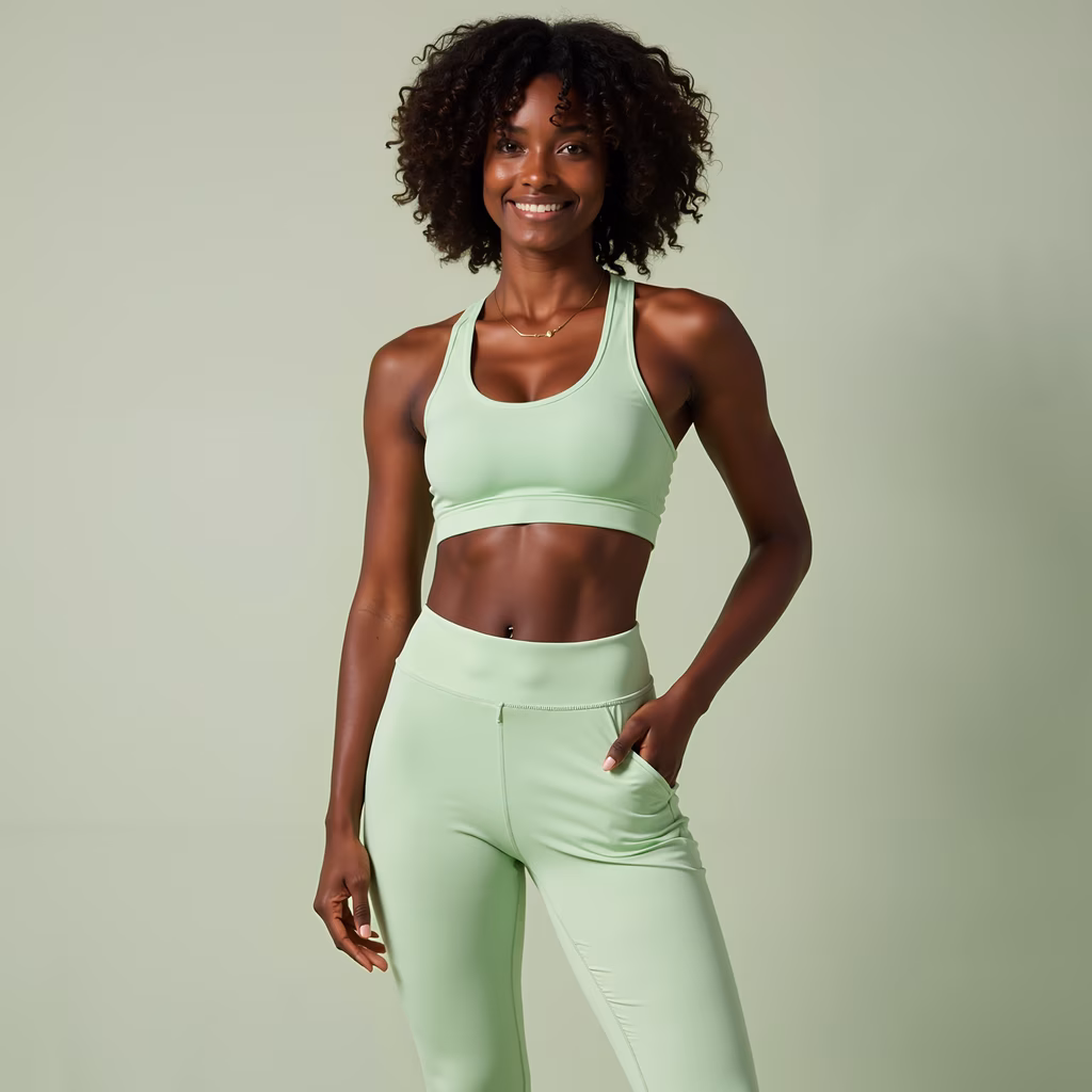 Confident fitness model in mint green athletic wear, promoting health and style.