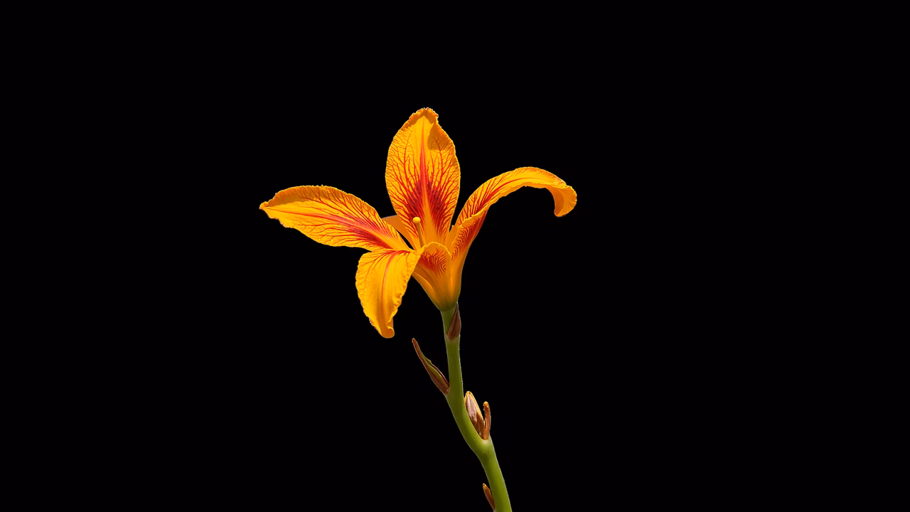 Vibrant yellow flower with red veins on a black background