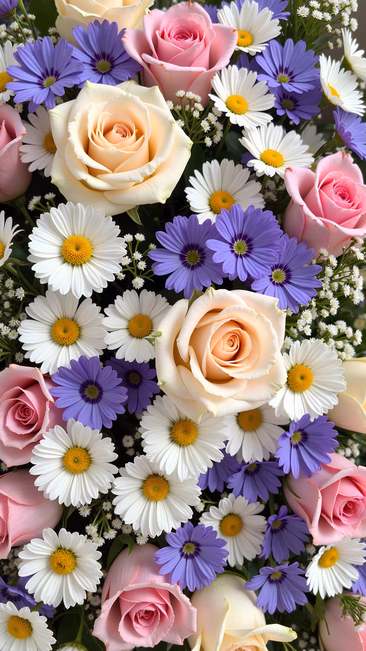 A colorful bouquet of roses and daisies in soft pastels, perfect for any occasion.