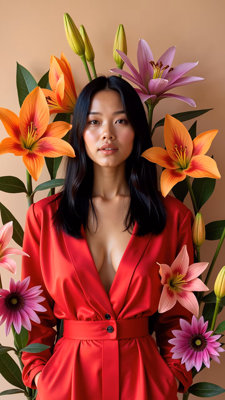 Elegant floral portrait with vibrant red attire and colorful blooms.