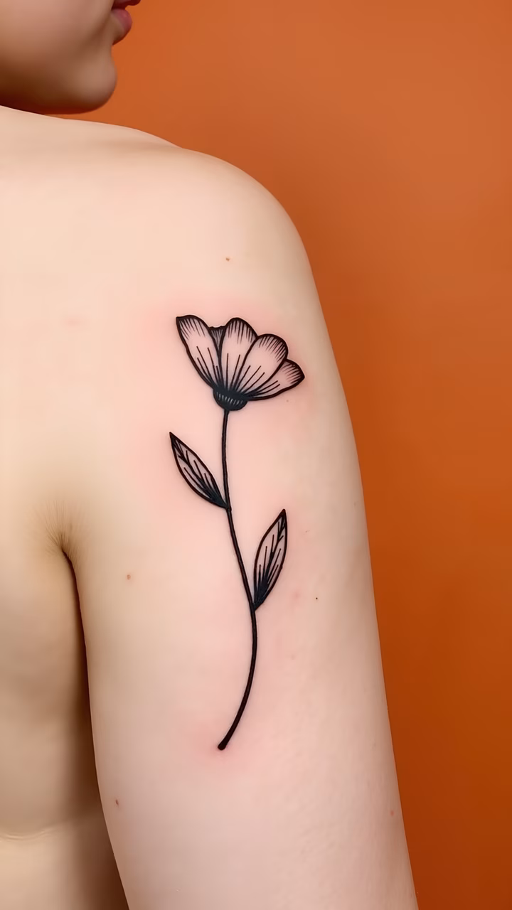 Minimalist tattoo illustration of a flower on a shoulder, vibrant orange background.