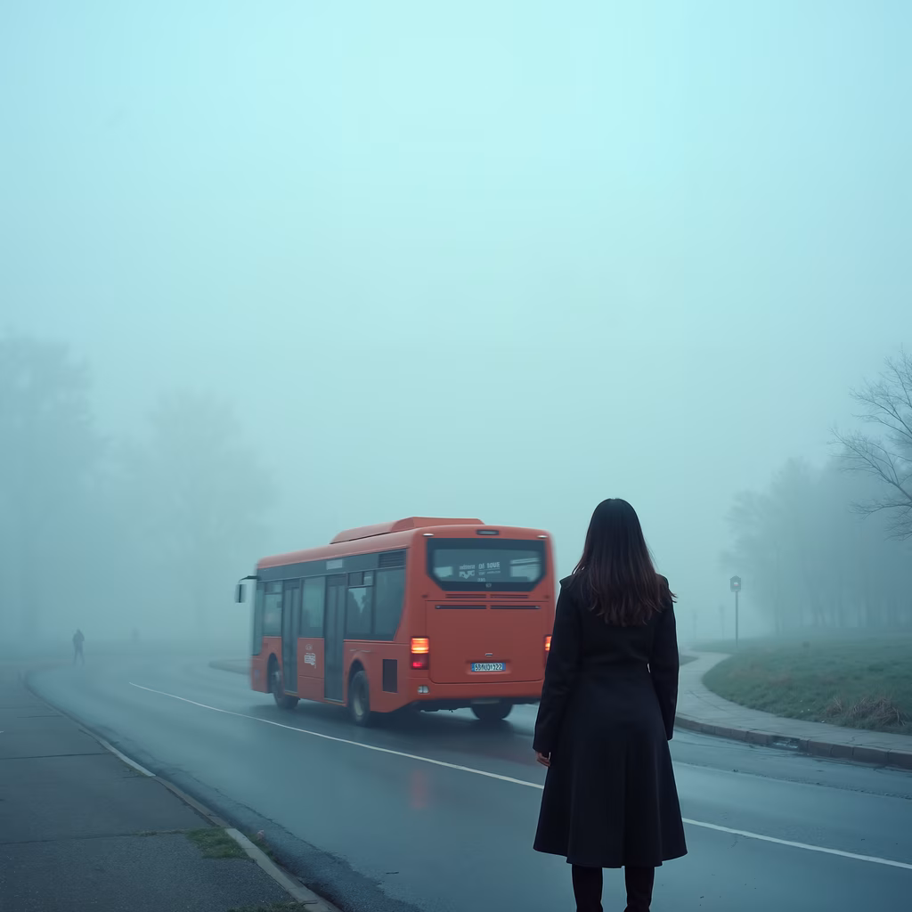 Solitary figure meets approaching bus in a foggy urban landscape.