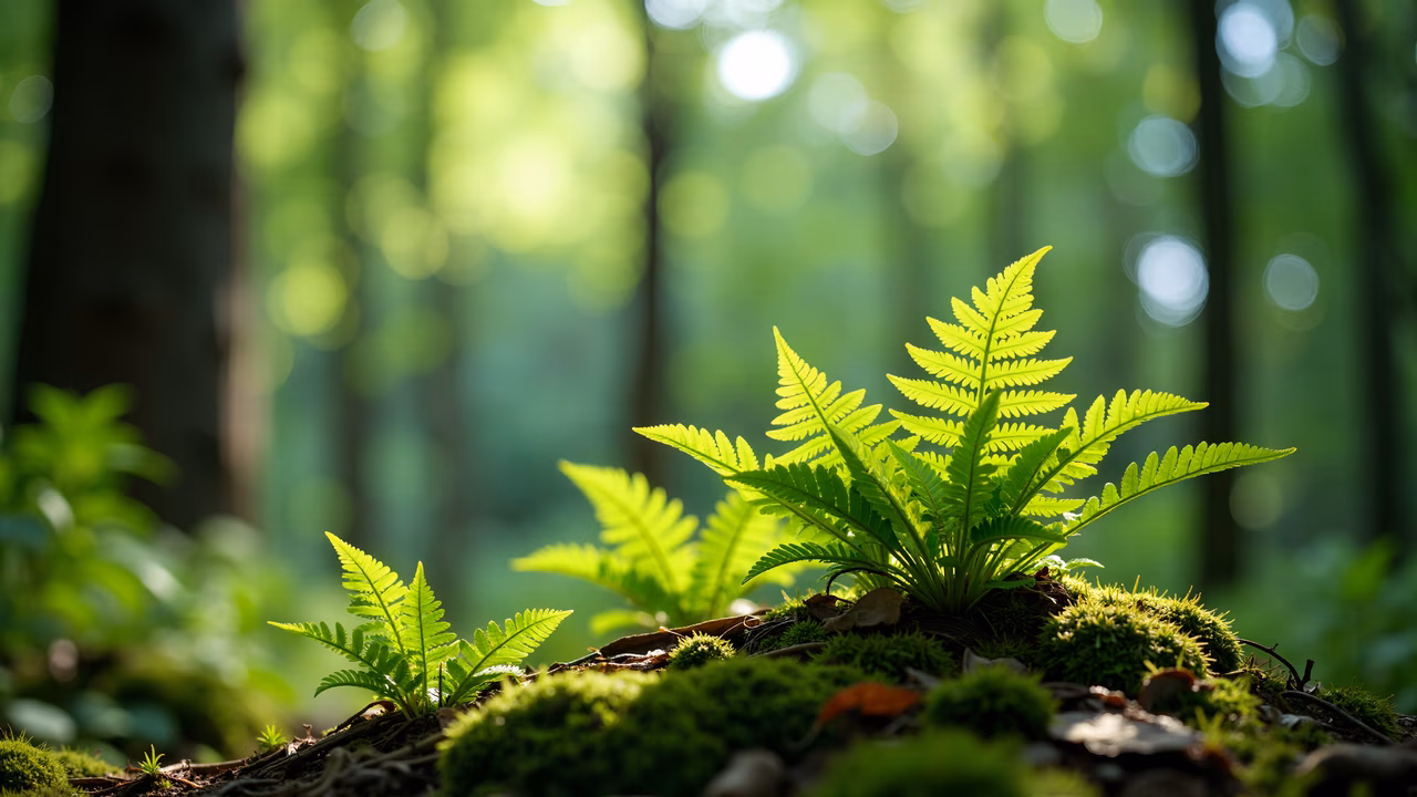 Close-up of lush ferns in a serene forest setting.