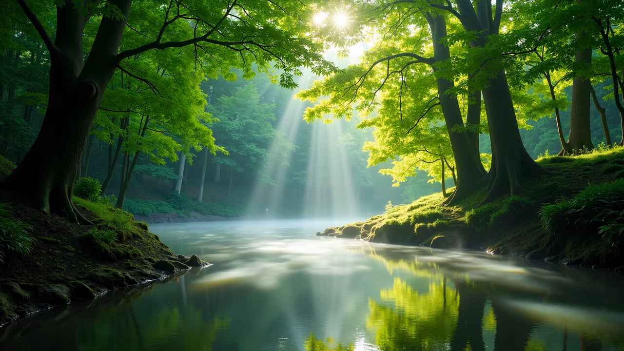 A peaceful forest scene with sunlight filtering through trees and reflecting on a calm stream.