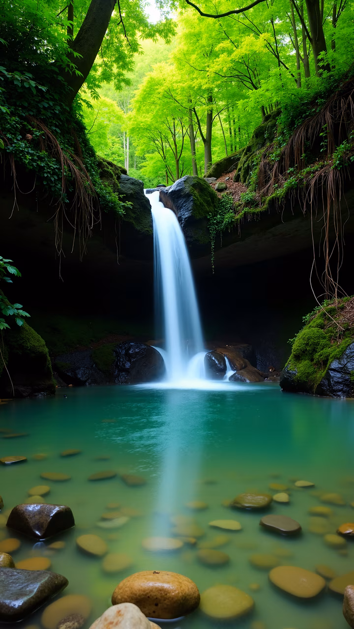 A peaceful forest waterfall surrounded by vibrant greenery and still waters.