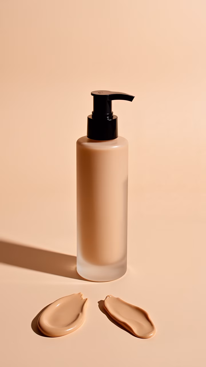 Sleek foundation bottle with swatches on a soft beige background.