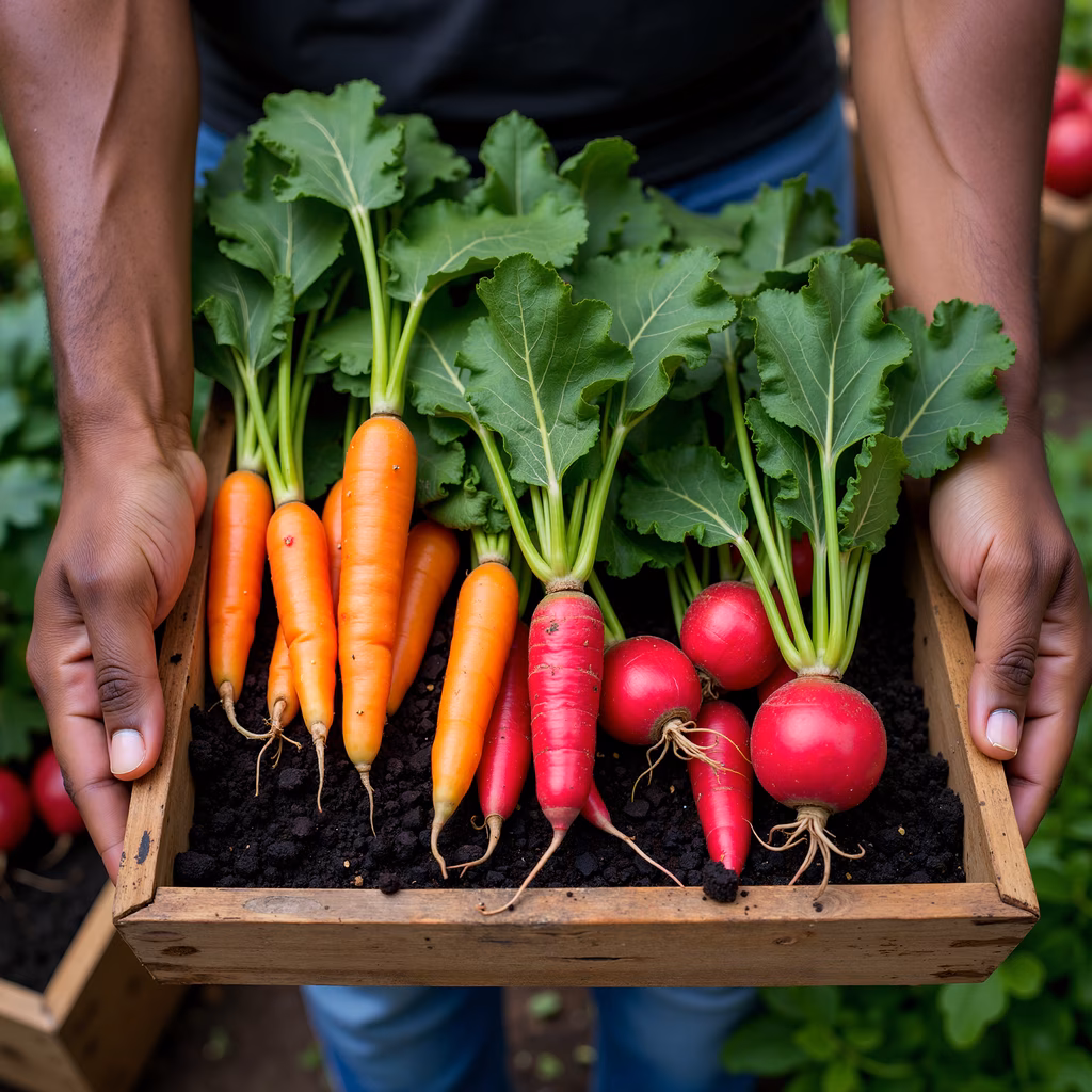 Freshly harvested carrots and radishes in a wooden crate, showcasing natural abundance.