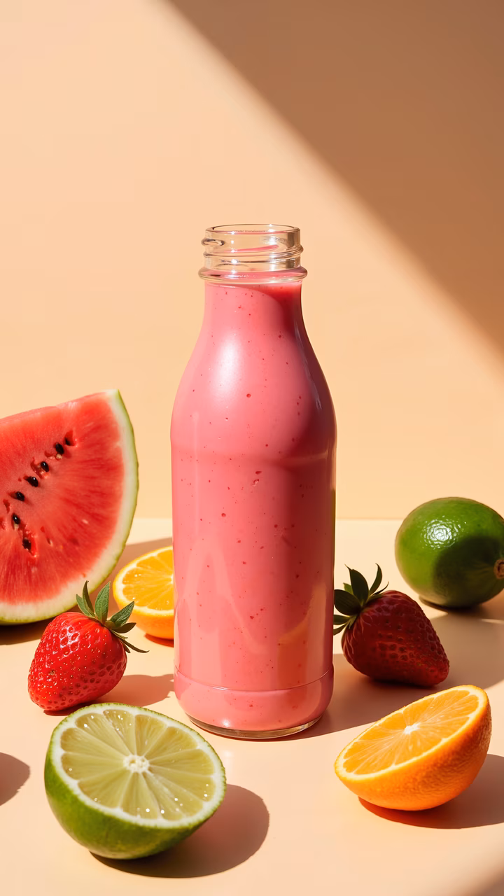 Bright pink smoothie with fresh fruits on a beige background.