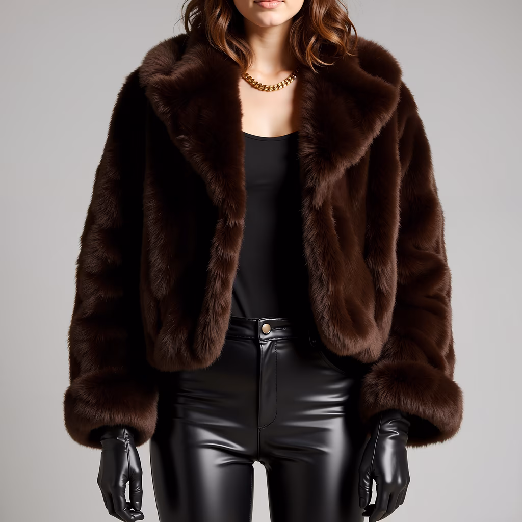 Luxurious fur coat paired with sleek black leather pants and gloves, creating a sophisticated and elegant look.