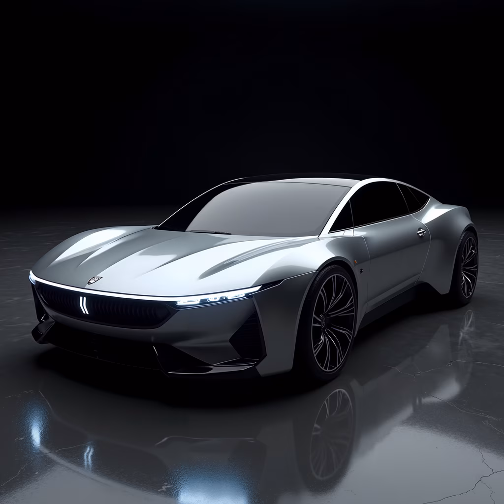 A sleek, futuristic concept car with a minimalist design and glossy silver finish.