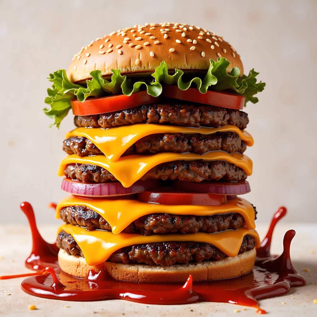 A colossal cheeseburger with multiple beef patties and melted cheese, dripping ketchup.