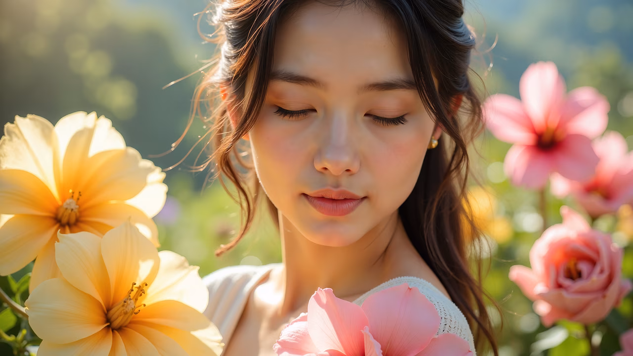 A peaceful portrait of a young woman amidst blooming flowers, bathed in soft sunlight.
