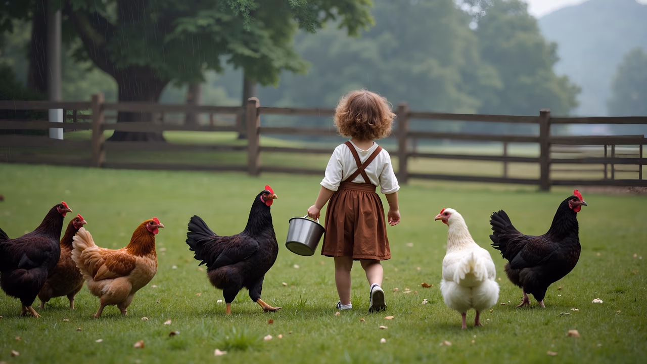 A child feeding chickens in a rainy, pastoral setting.