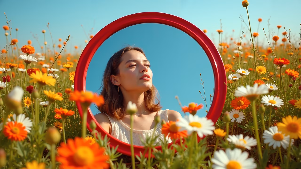 A serene portrait of a woman in a flower-filled field, captured through a red-framed mirror.