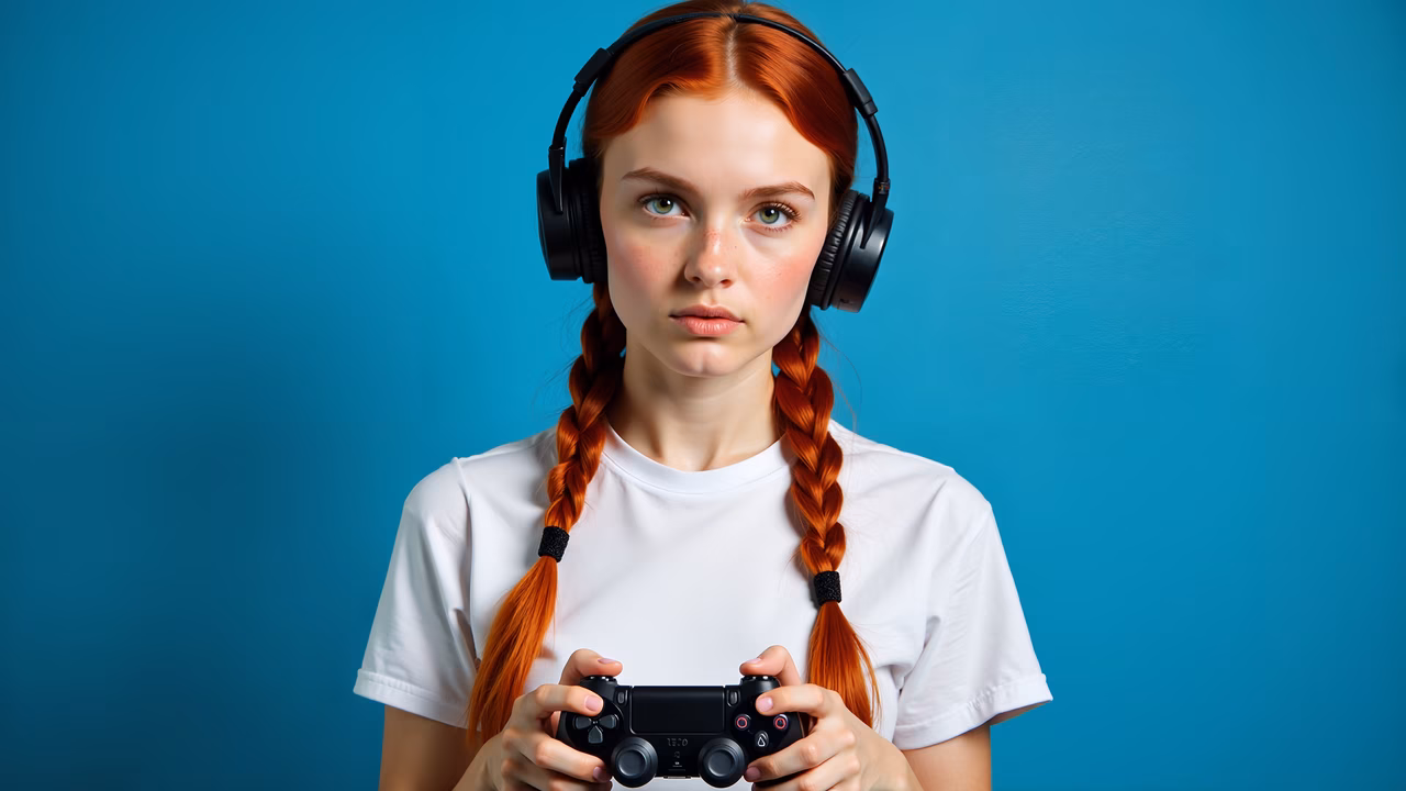 Focused young gamer with red braids and headphones, holding a video game controller.