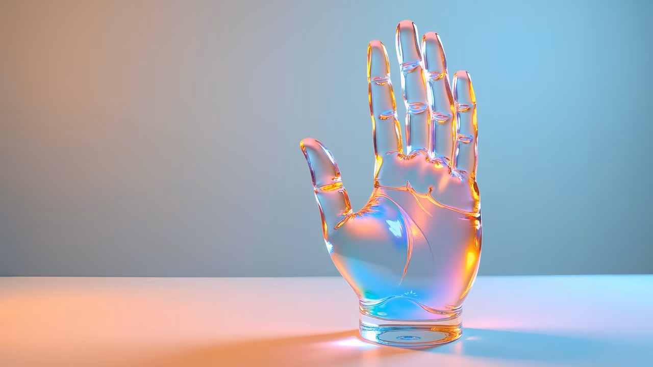 Translucent glass hand against a colorful gradient background.