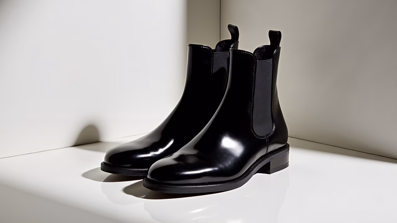 Glossy black Chelsea boots on a reflective white surface, minimalist design, elegant fashion.