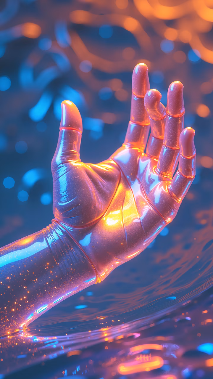 Glossy hand with vibrant blue and orange hues, dynamic background, artistic illustration.