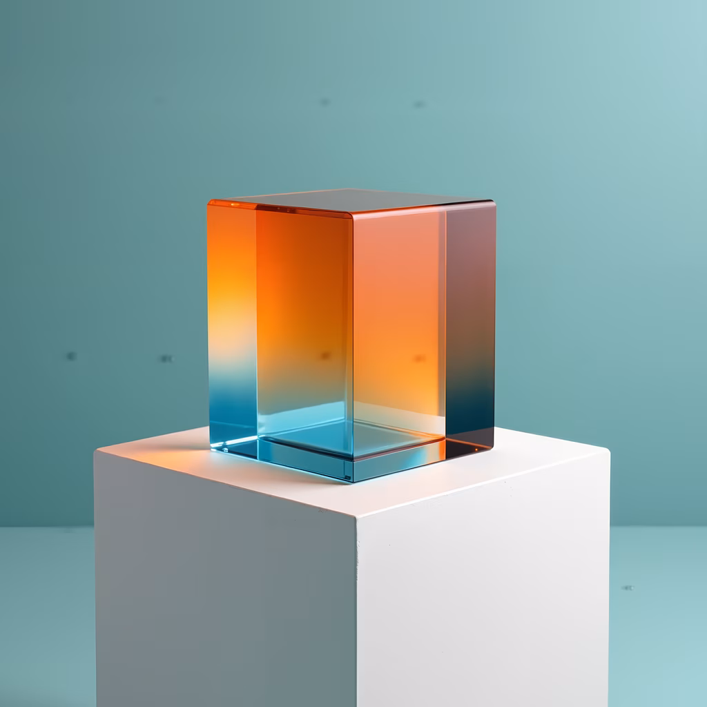 Minimalist illustration of a gradient cube on a pedestal, showcasing vibrant colors and smooth textures.