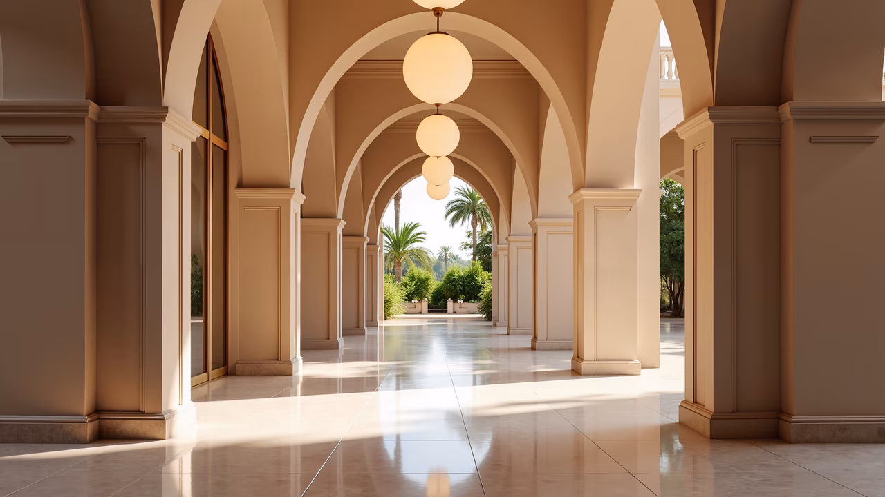 Symmetrical arches and soft natural light in a tranquil grand arcade.