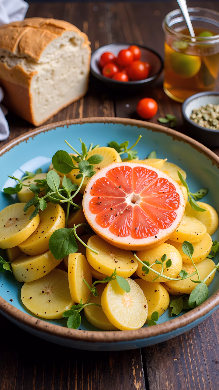 A colorful grapefruit salad with potatoes and herbs on a wooden table.