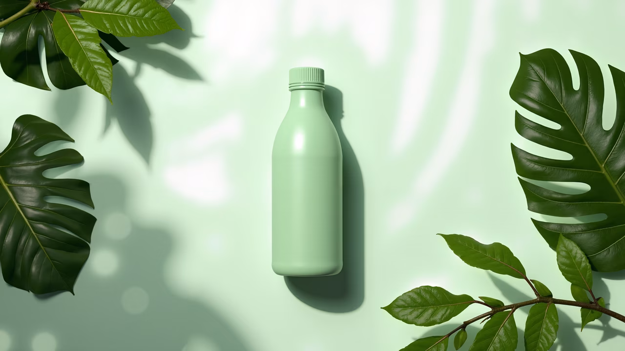 Minimalist green bottle with tropical foliage on a soft green background.