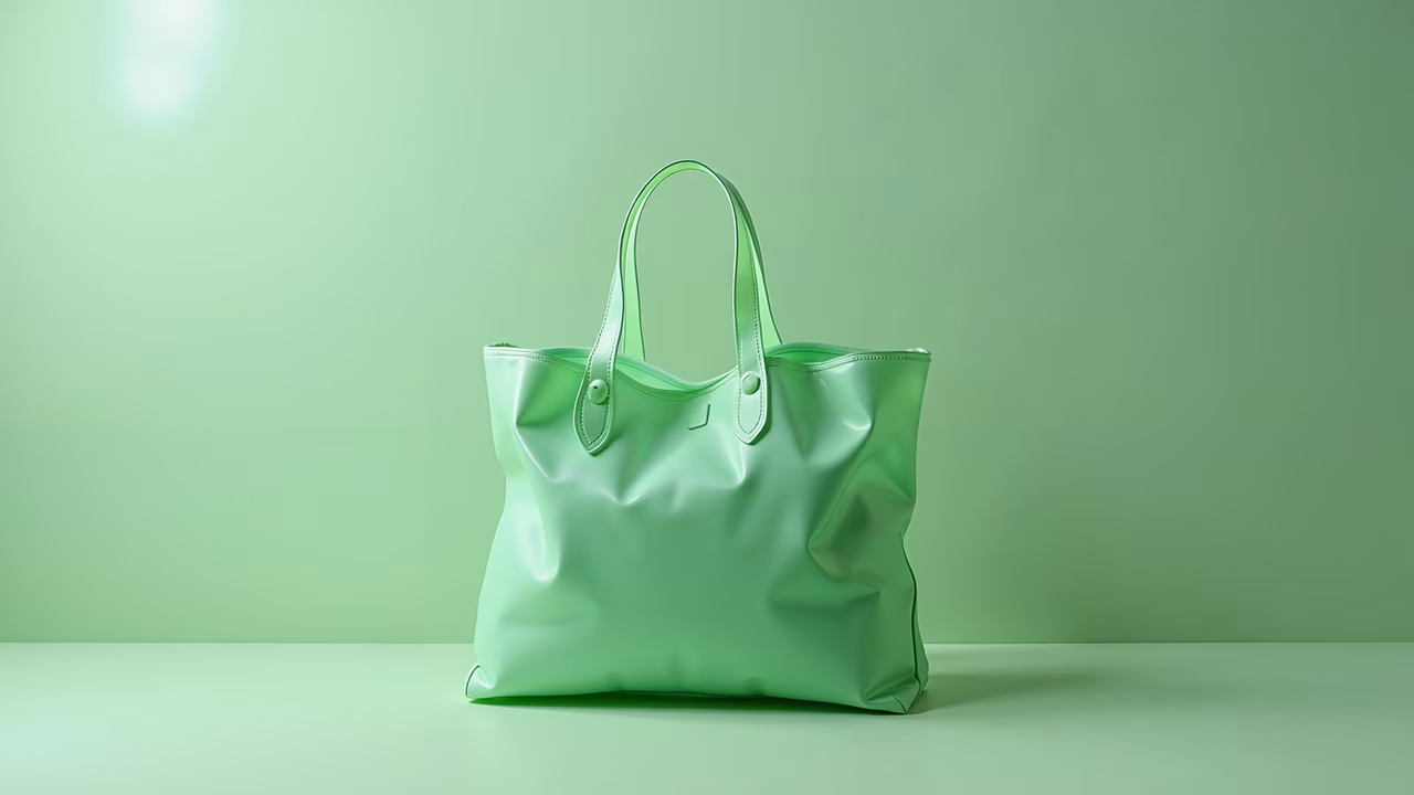 Glossy green tote bag with minimalist design and vibrant color.