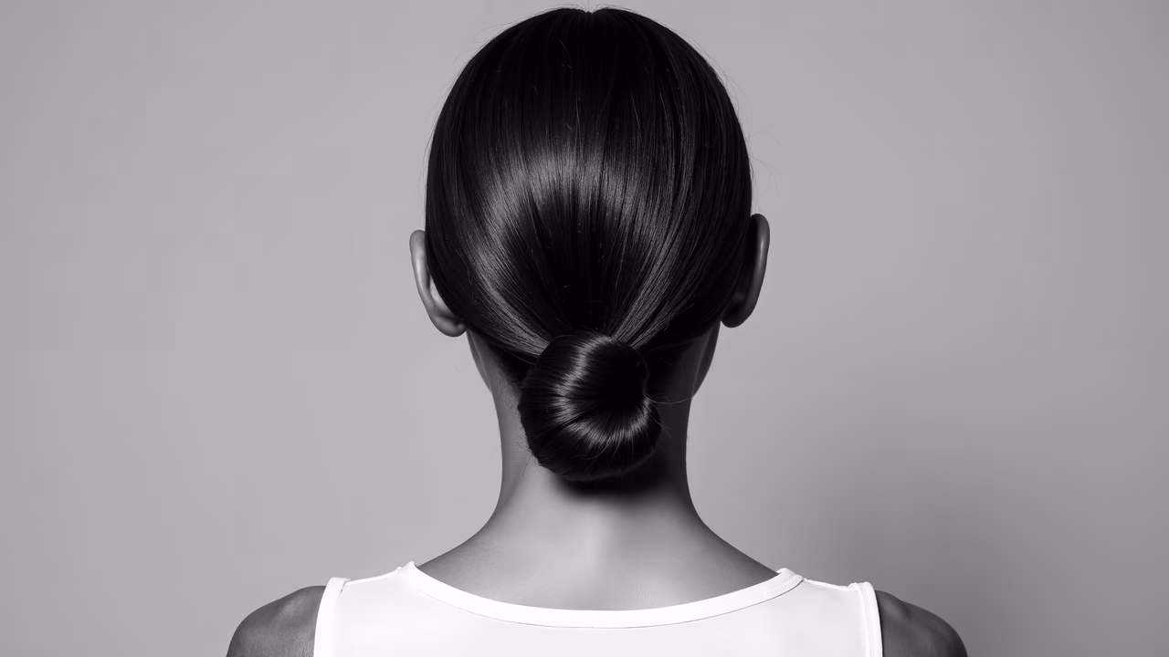 Elegant black-and-white portrait of a person with a sleek hair bun against a plain background.