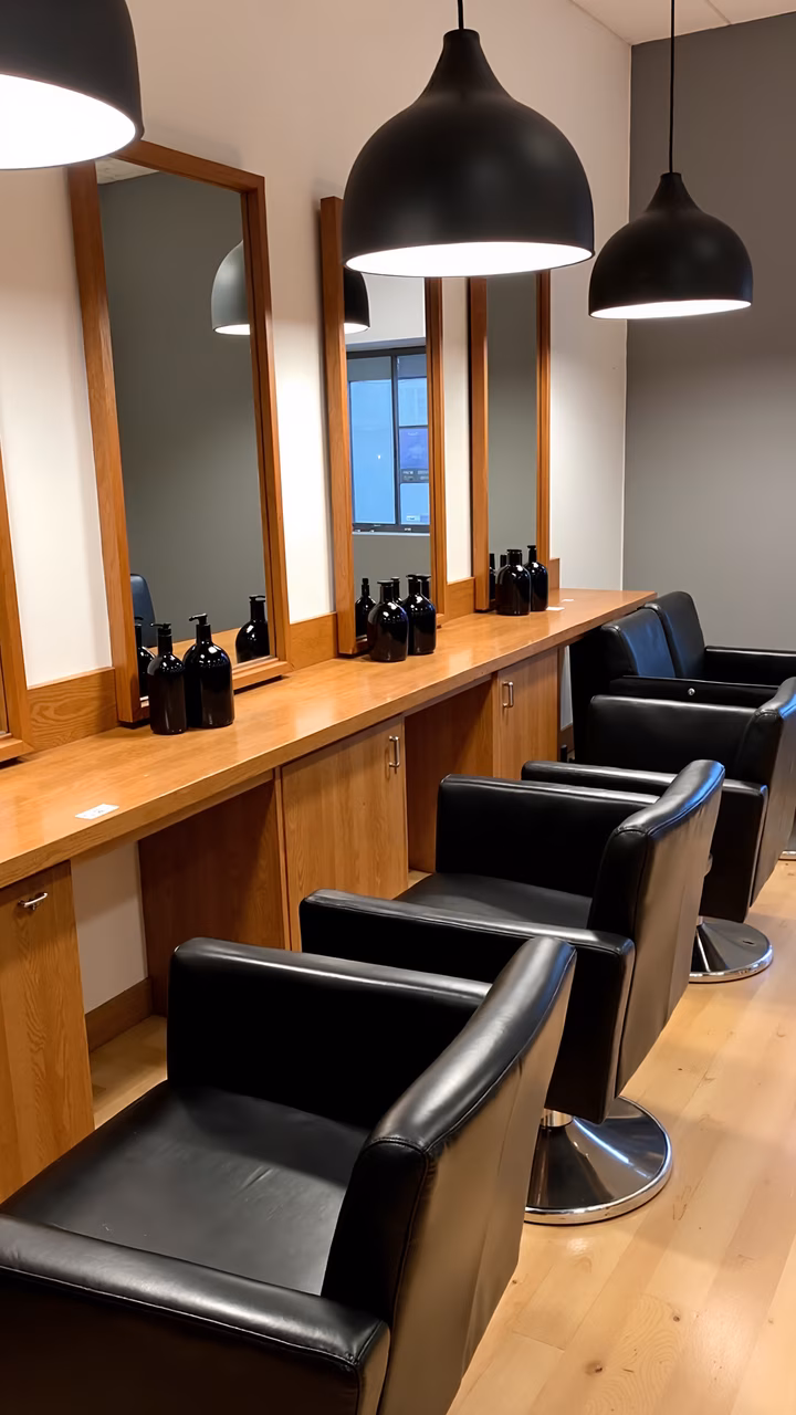 Modern hair salon interior with sleek black chairs and wooden cabinetry.