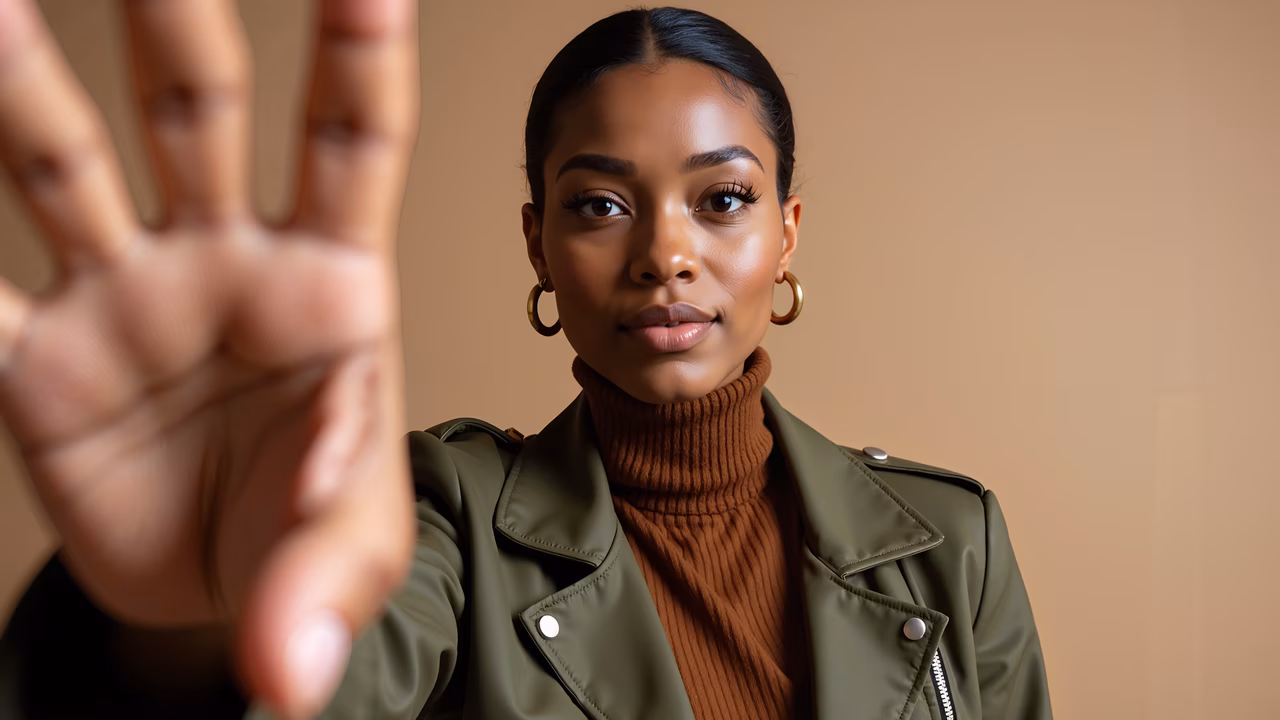 Close-up portrait of a stylishly dressed woman with an extended hand, set against a neutral background.