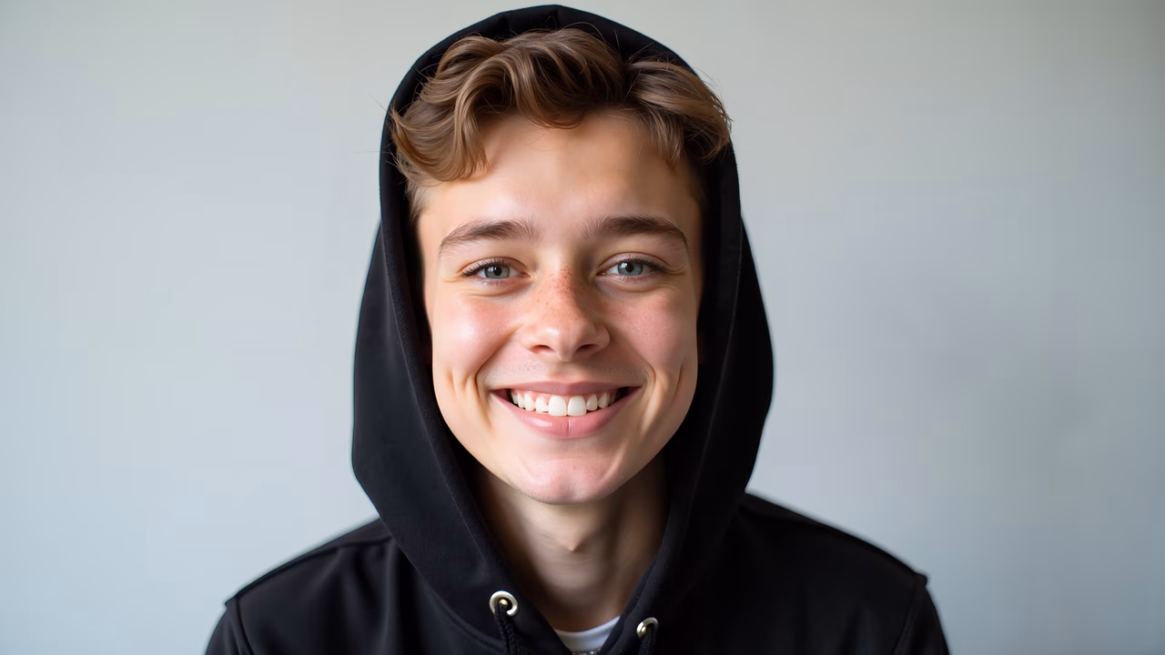 Brightly smiling portrait of someone in a black hoodie against a white backdrop.