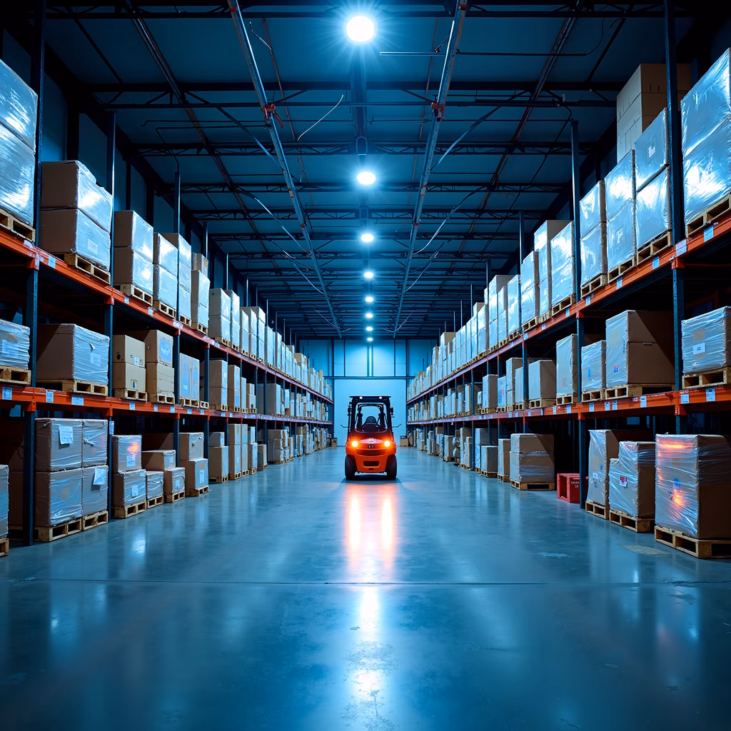 A meticulously organized industrial warehouse interior with bright overhead lighting and a red forklift.