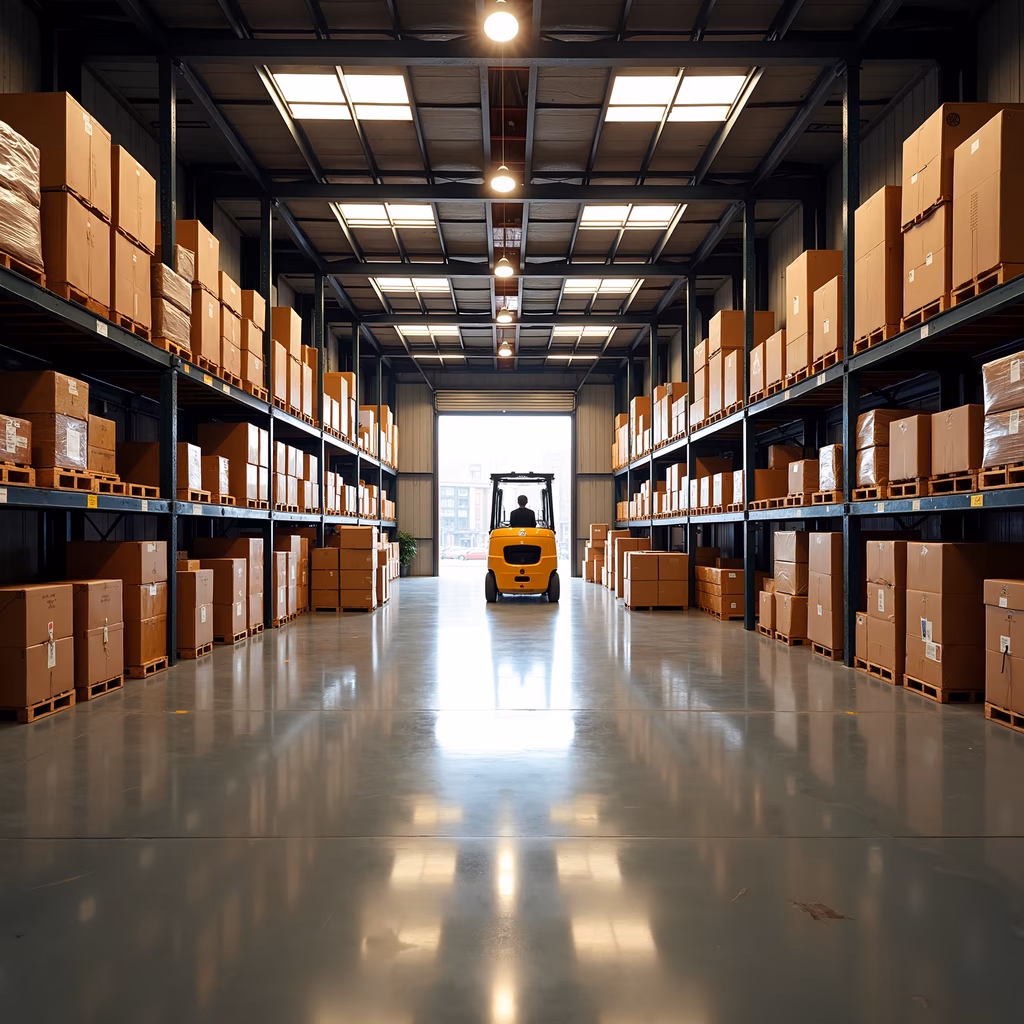 Modern warehouse interior with neatly stacked boxes and a yellow forklift under artificial and natural lighting.