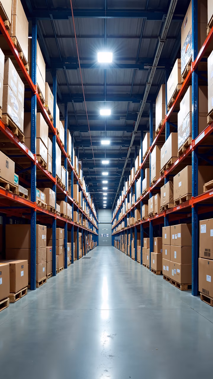 Brightly lit industrial warehouse with neatly arranged shelves and boxes.