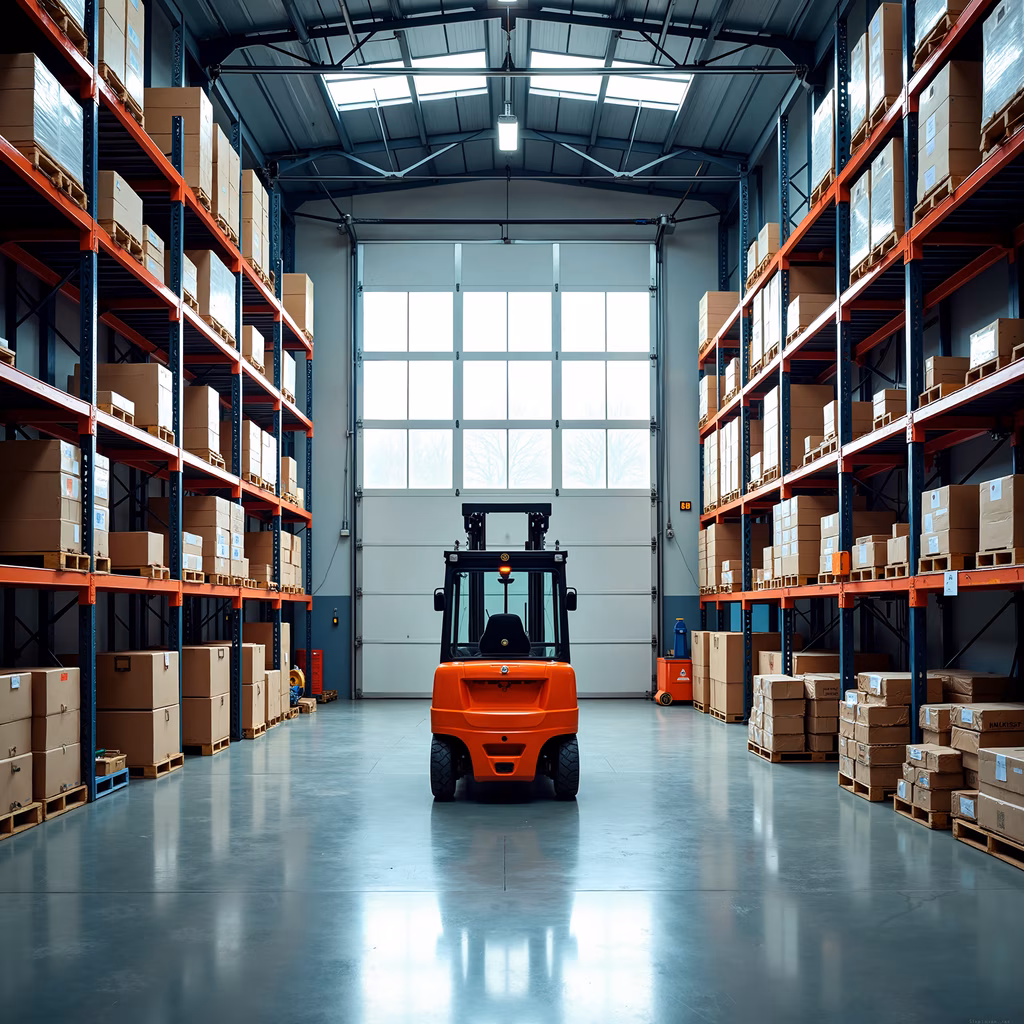 Modern warehouse interior with forklift and neatly stacked boxes.