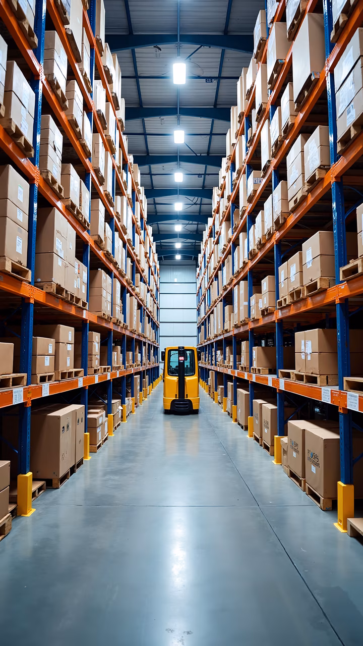 A detailed view of a modern industrial warehouse interior with neatly stacked boxes and a yellow forklift.