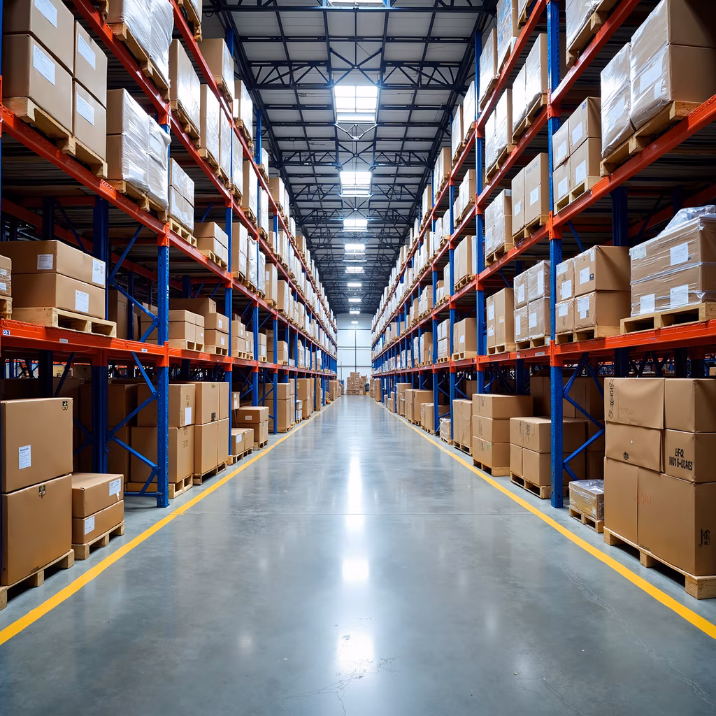 A well-lit industrial warehouse with neatly stacked boxes and clean floors.