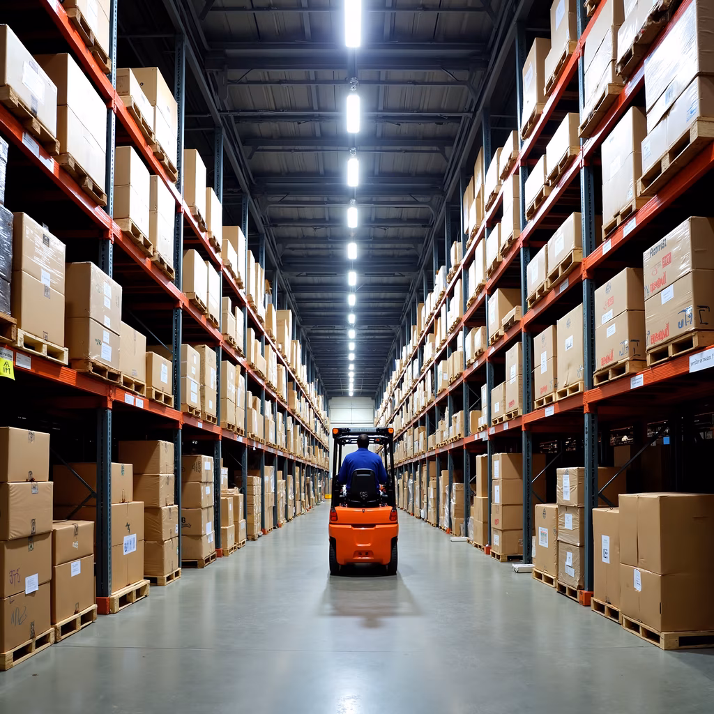 A worker on a forklift in a large industrial warehouse filled with neatly stacked boxes.