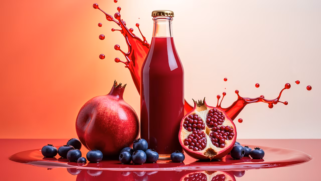 Vibrant pomegranate juice splashing into a glass bottle with fresh fruits.