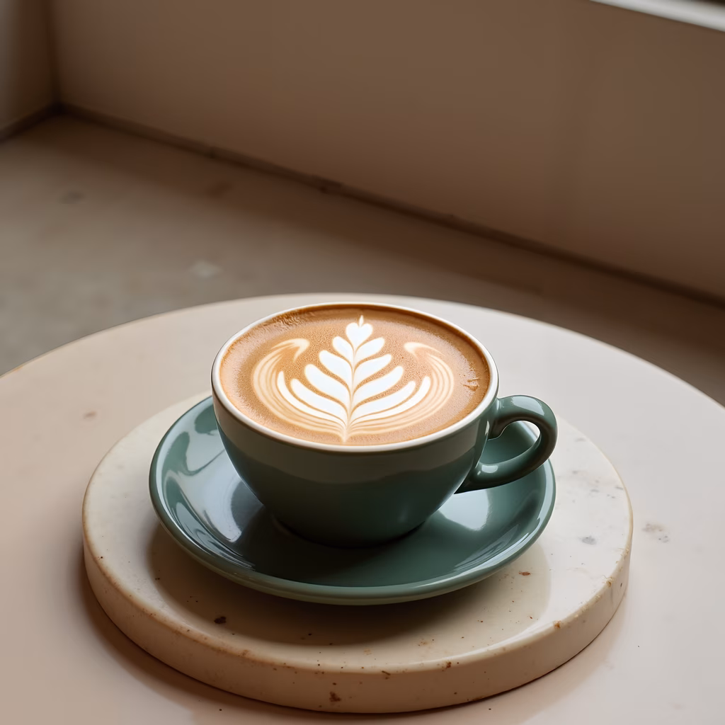 Delicate latte art design on a green cup, set on a light-colored table.