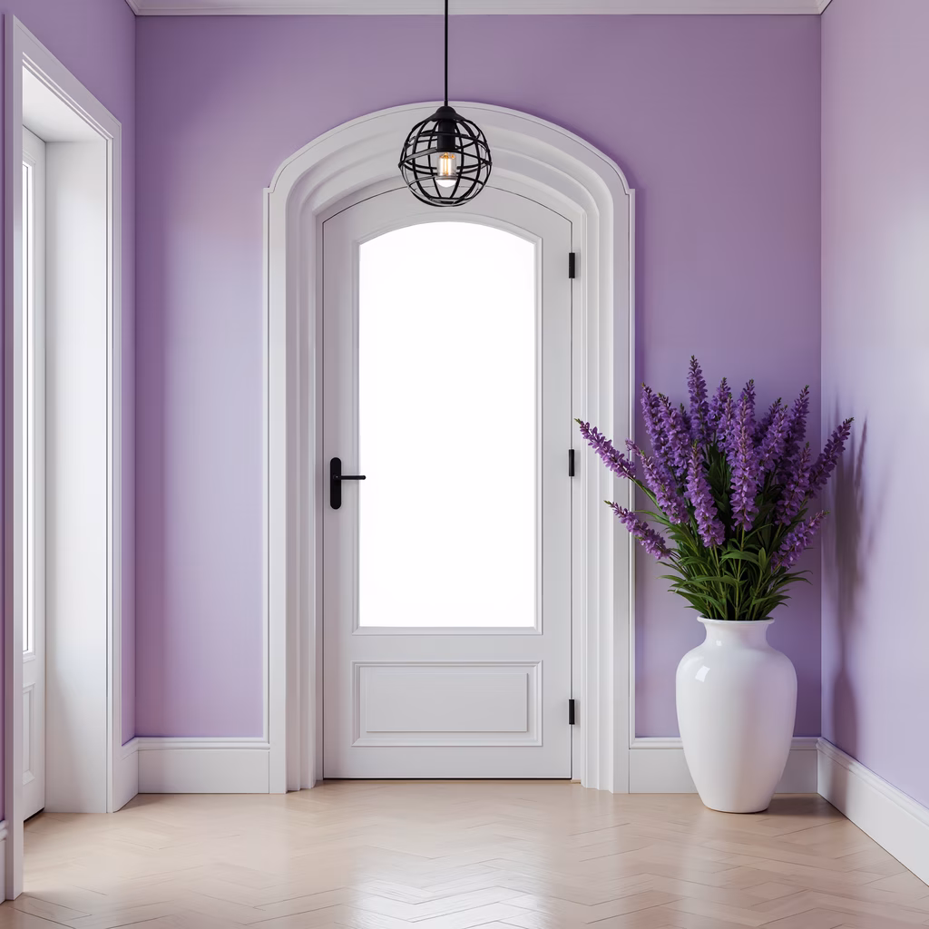 A peaceful lavender hallway with a modern touch and floral accents.
