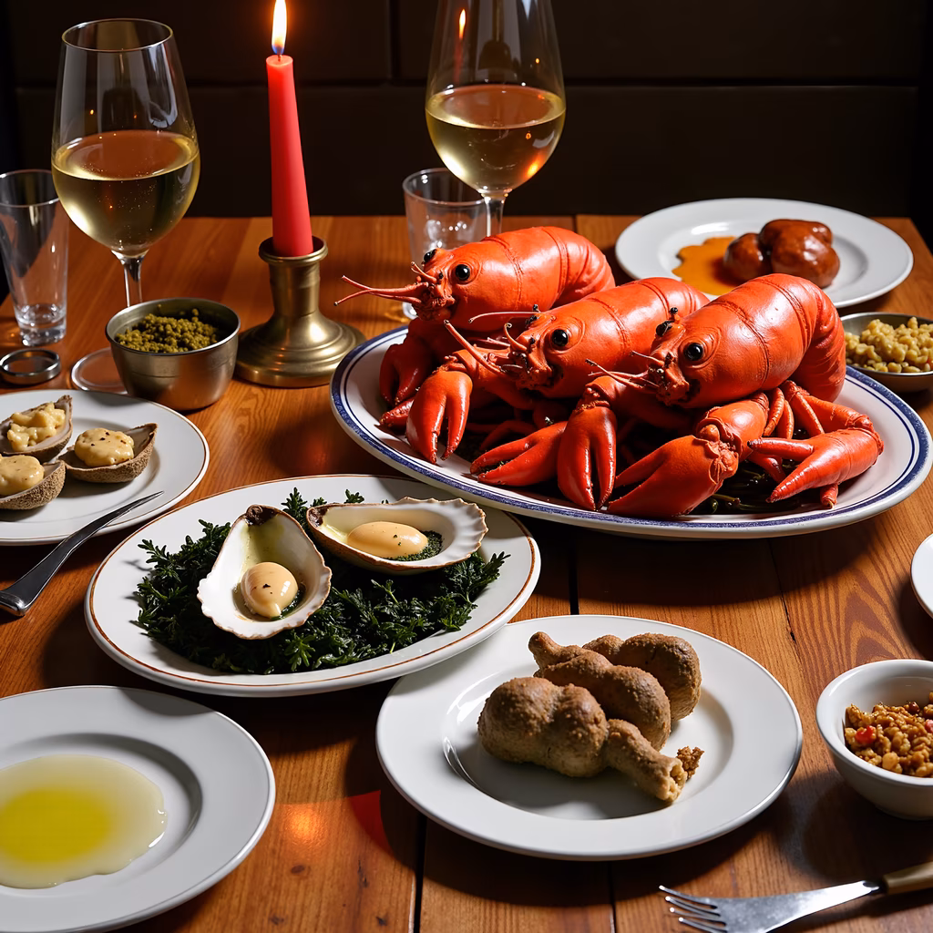 A sumptuous lobster feast with scallops, fried chicken, and macaroni and cheese, set against a warm candlelit backdrop.