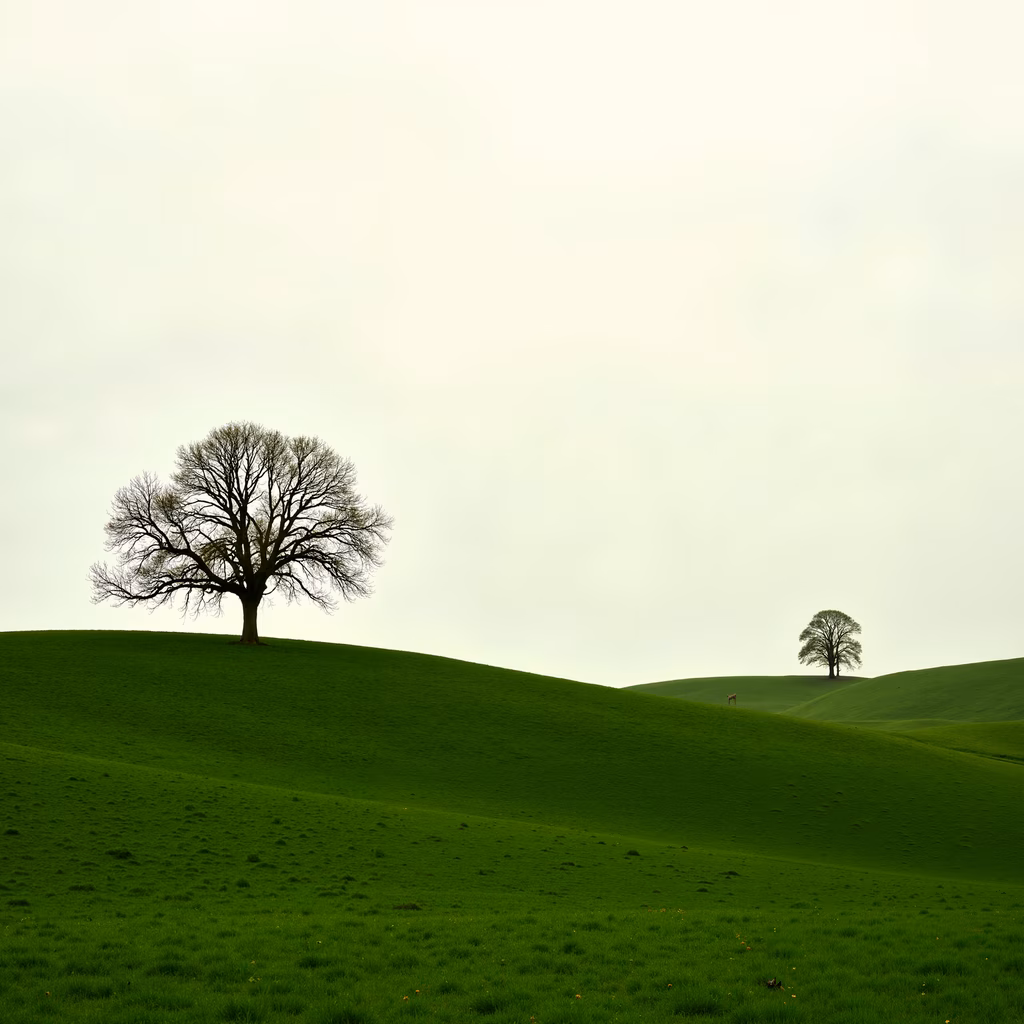 Solitary trees on rolling green hills under a cloudy sky, evoking tranquility and solitude.