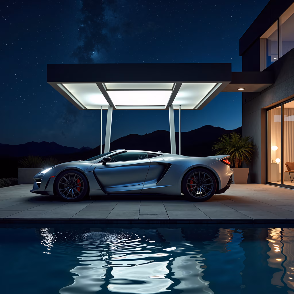 Sleek silver sports car under a starlit sky, reflecting elegance and luxury.