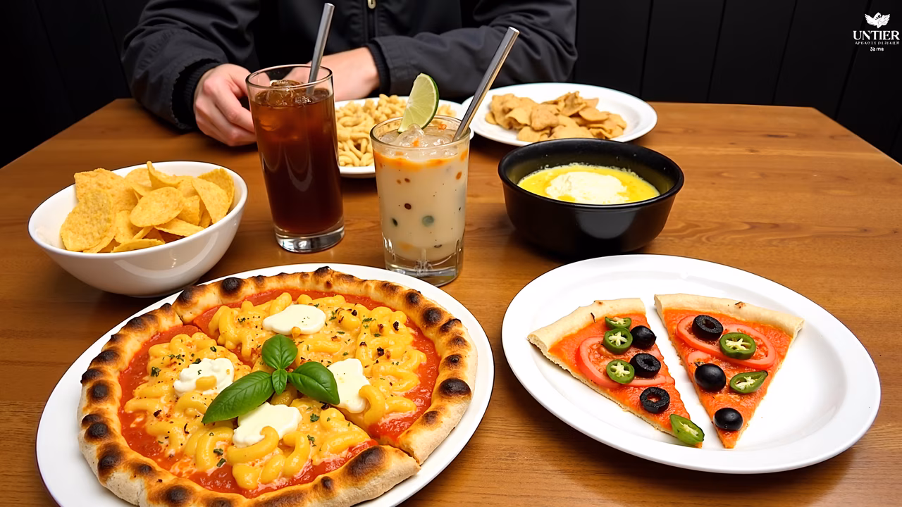 Close-up of mac & cheese pizza with nachos and drinks.