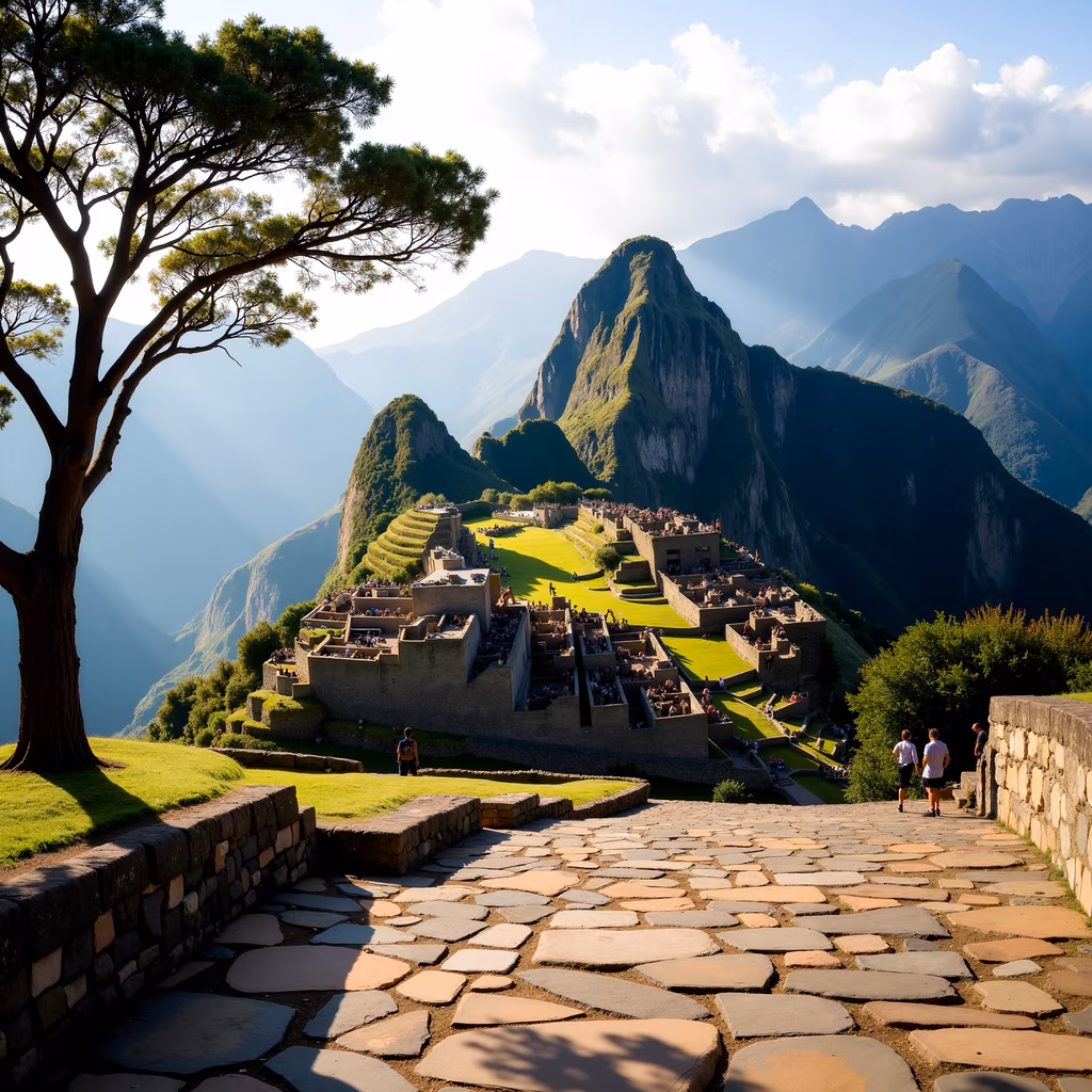 Ancient Incan city of Machu Picchu, lush green mountains, soft sunlight, stone terraces, lone tree, visitors, serene landscape
