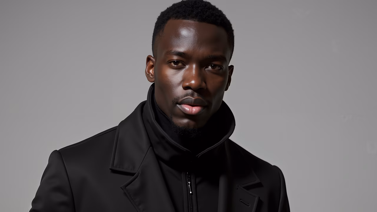 Serious man in black coat against neutral gray backdrop