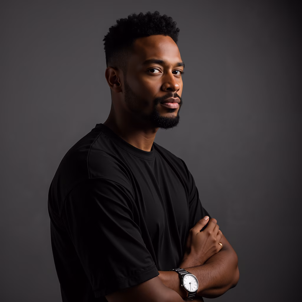 Confident portrait of a man in black, standing with arms crossed against a dark background.
