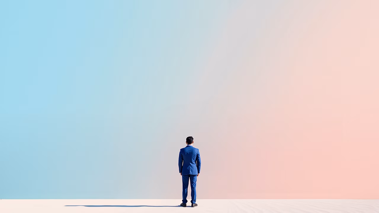 Minimalist portrait of a man in a blue suit against a gradient sky.